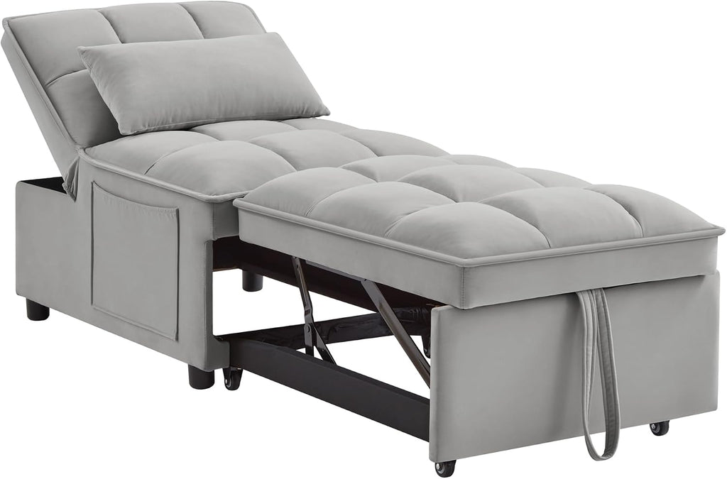 YOPTO Multi-Function Convertible Single Sleeper Sofa Bed with Storage Pockets,Velvet Tufted Pull-Out Couch Bed 4in1 W/Adjustable Backrest & Pillows,Chaise Lounge for Living Room,Small Space,Gray
