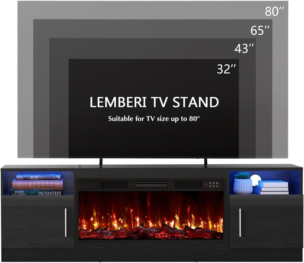 LEMBERI Fireplace tv Stand with 36 inch Fireplace Up to 80' TVs,LED Light Entertainment Center and Storage, 70' Modern Wood Media TV Console with Highlight Cabinet for Living Room