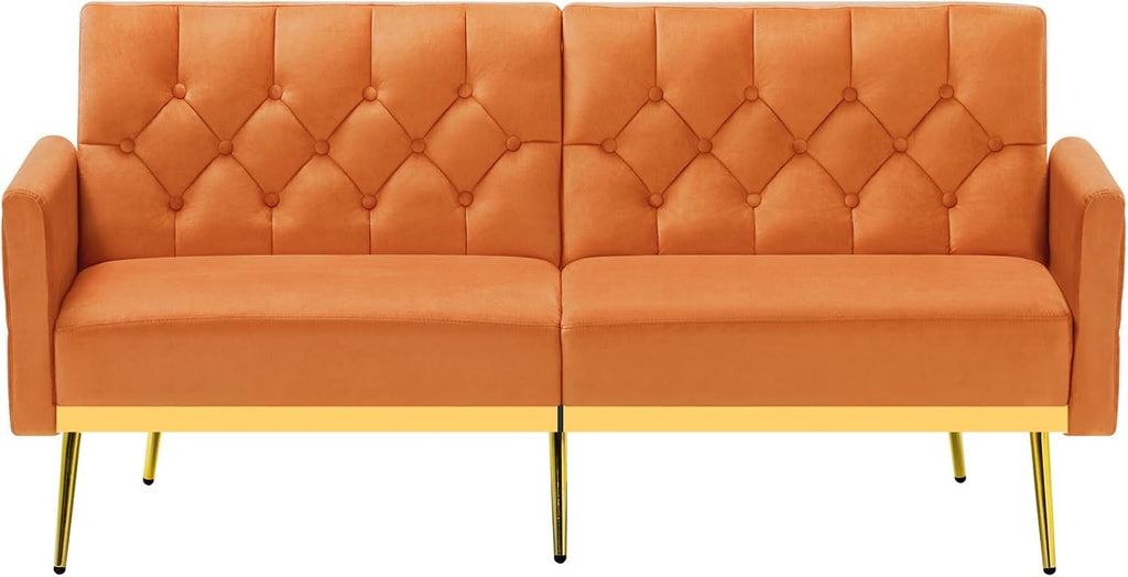 Velvet Sofa Bed w/Adjustable Armrests and Backrests, Modern Convertible Sleeper Sofa, Tufted Futon Sofa for Bedroom, Living Room, Apartment, Orange