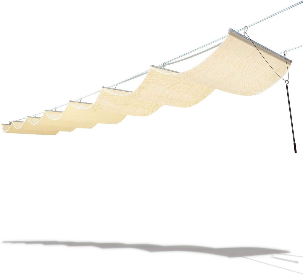 TANG 7' x 14' Pergola Cover Shade Canopy, Retractable Awning Sun Shades Outdoor Patio Pergolas Kit for Deck Backyard Gazebo, Wave Shade Sail with Hardware Wire Cable, Beige