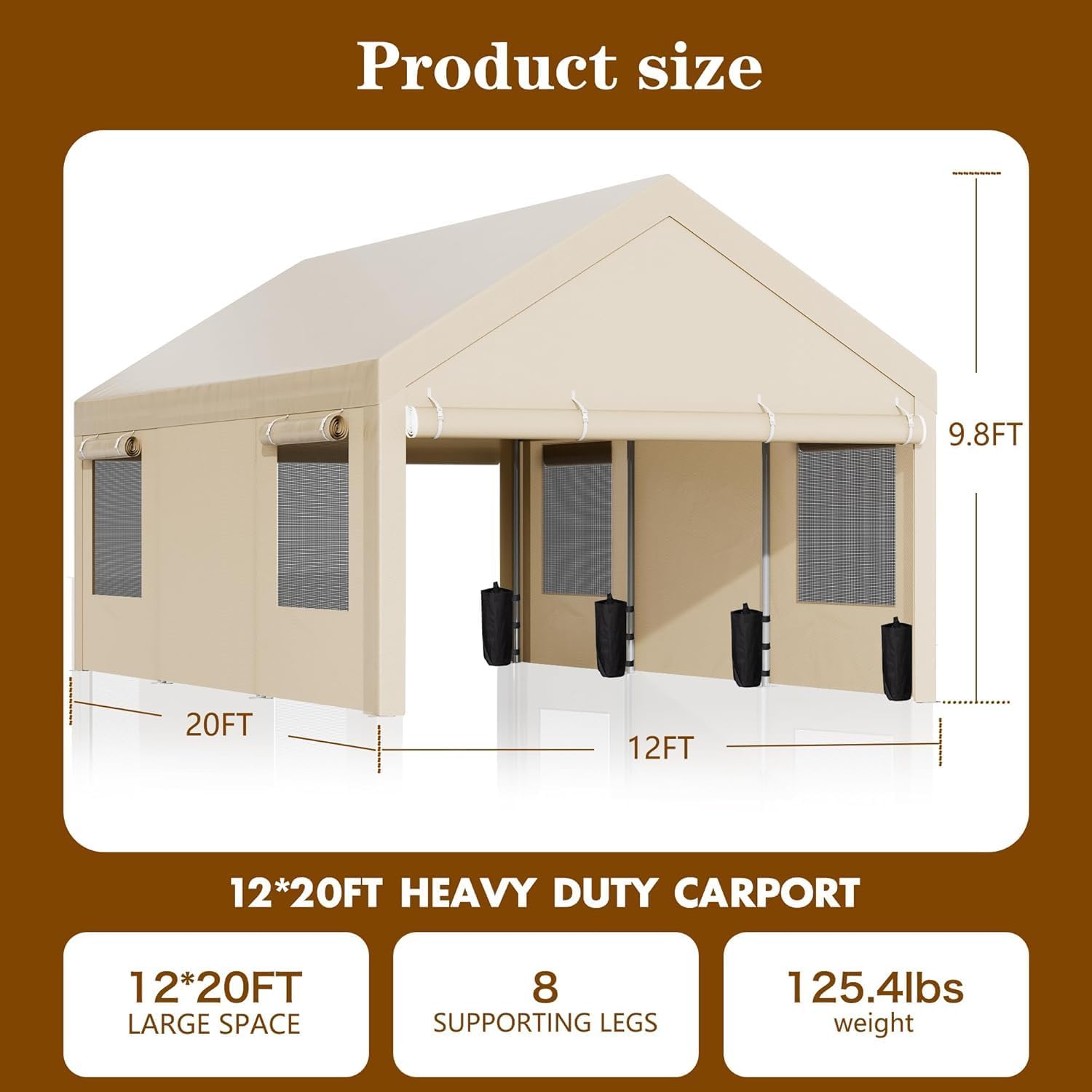 12x20 FT Heavy Duty Carport Canopy, All-Weather Vehicle Shelter with Roll-up Ventilation Windows & Removable Sidewalls, Portable Garage for SUV, Truck, Boat, Khaki