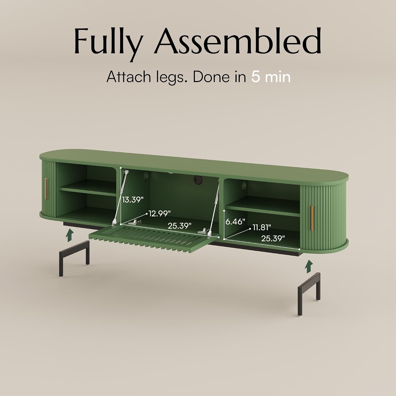 POVISON Fully-Assembled Modern Green TV Stand with Tambour Doors, Fluted TV Media Console for 75 Inch TVs, Sliding Door Entertainment Center with Storage for Living Room (Green, 78.74')