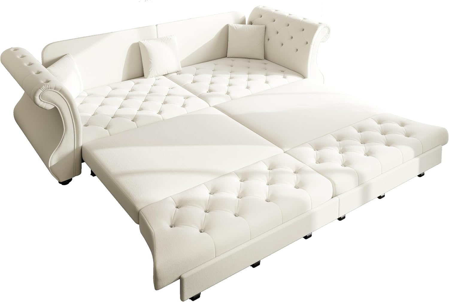 97.6'' Sleeper Sofa Bed King Size, Flower Tufted Pull Out Couch, Velvet Chesterfield Futon Couches, Modern 4 Seater Convertible Sofa, 3 Pillows for Living Room, Apartment, Offices, Beige