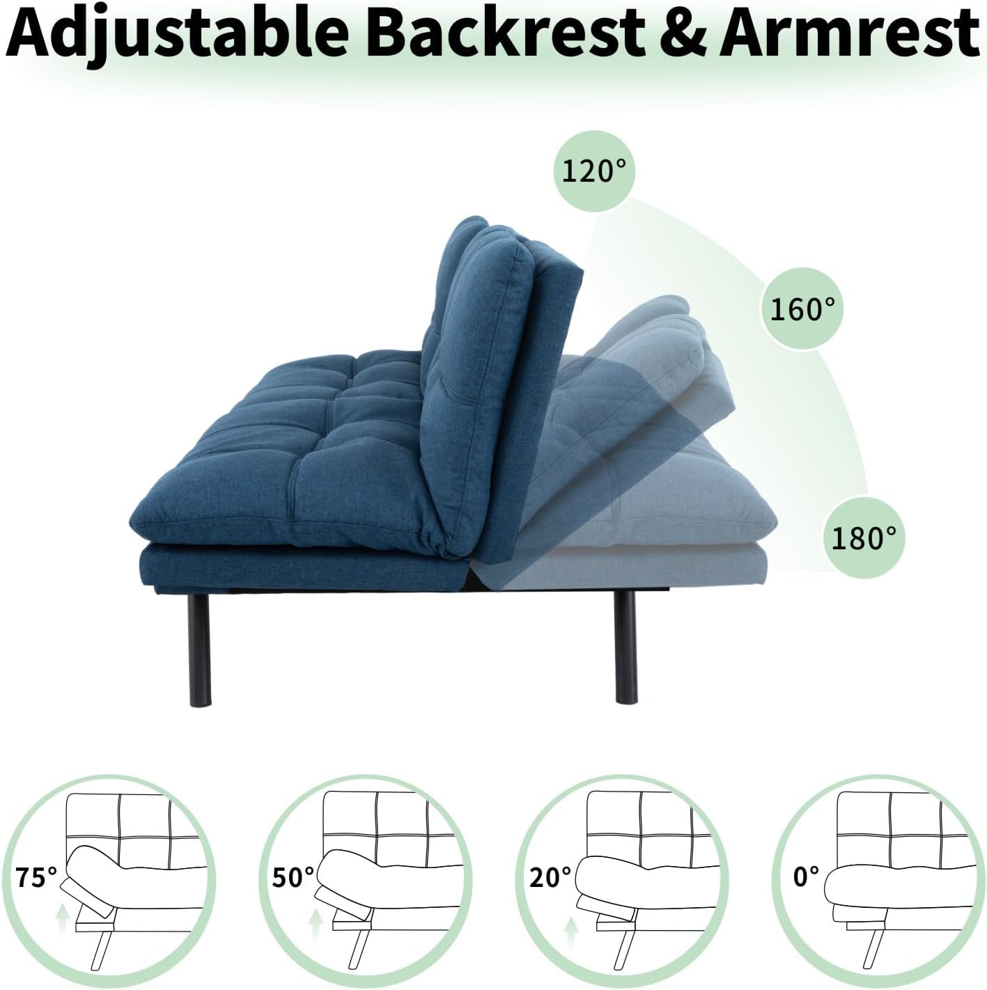MUUEGM 71' Convertible Futon Sofa Bed, Upholstered Small Futon Couches with Adjustable Backrest, Loveseat Sleeper Bed for Compact Living Room Studio Office (Navy Blue)