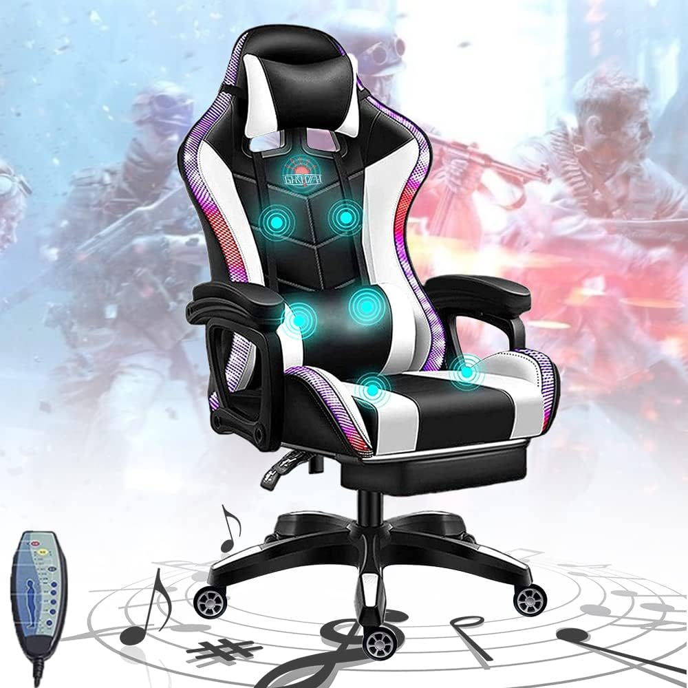 PC Gaming Chair Massage, Ergonomic Gaming Chairs for Adults and Teens with Lumbar Support and Foot Rest, RGB LED Light Gamer Chair with Speakers, for Game Recreation Room,White
