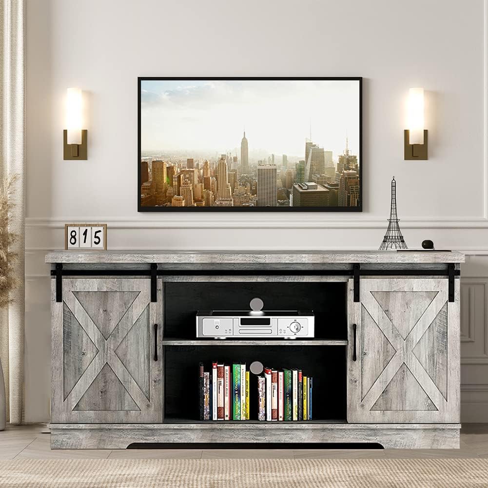 IDEALHOUSE TV Stand Farmhouse Entertainment Center for 65 Inch TV Media Console Cabinet, Gray Barn Doors TV Stand with Storage and Shelves, Modern TV Console Table Furniture (Gray)