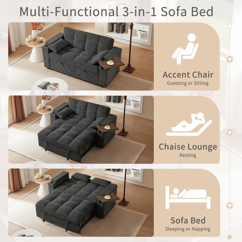 hansones 66' 3-in-1 Folding Convertible Sofa Bed, Queen Size Pullout Sofa, Modern Chenille Fabric, 360° Swivel Side Table, Easy Assembly, Perfect for Living Room (ZY-1107S-Black)