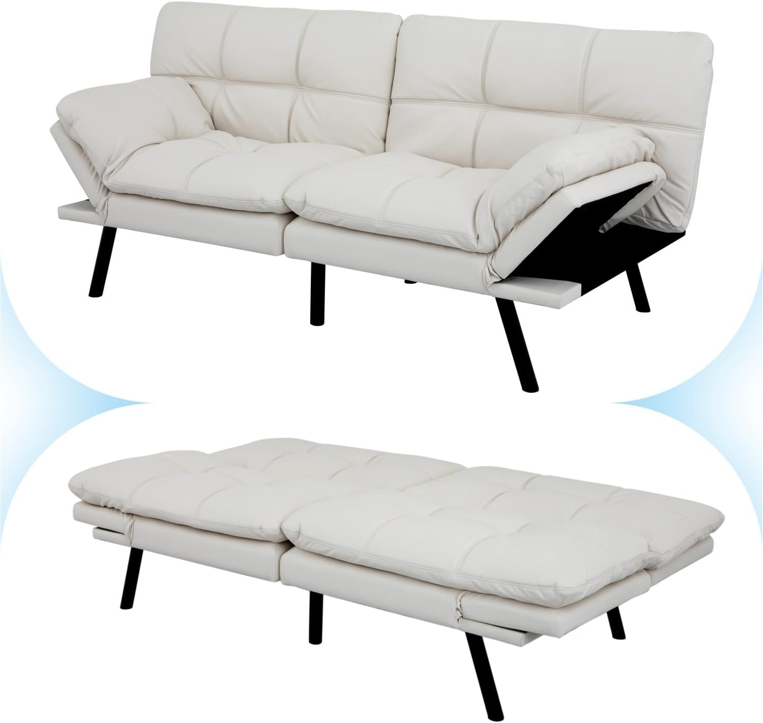 MUUEGM 71' Convertible Futon Sofa Bed, Upholstered Small Futon Couches with Adjustable Backrest, Loveseat Sleeper Bed for Compact Living Room Studio Office (White)