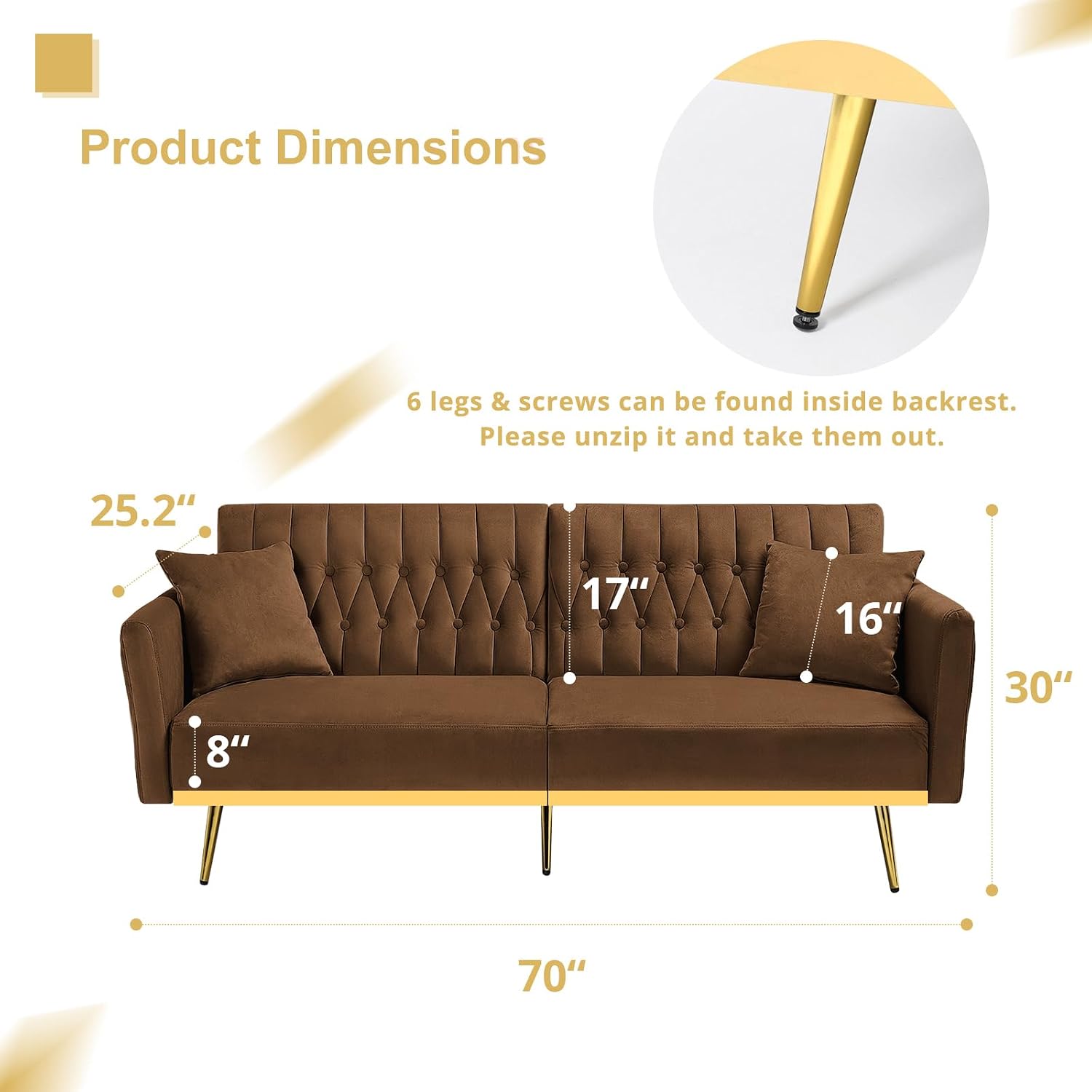 2 Pieces Velvet Sofa Set with Adjustable Armrest and Backrest, 70' Convertible Futon Sofa Bed & Mordern Accent Chair with Ottoman for Living Room, Bedroom, Brown