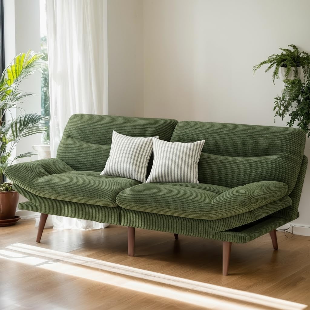 75″Futon Sofa Bed,3-in-1 Futon Couch w/Adjustable Backrest & Armrests, Convertible Sleeper Sofa Bed, Small Folding Sleeper Recliner w/Removable Cushion for Apartment, Living Room,Office (75in,Green)