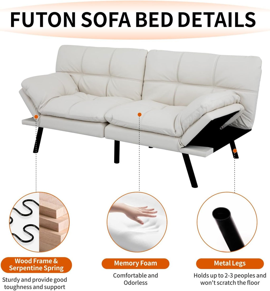 MUUEGM Futon Sofa Bed 71' Ivory Convertible Memory Foam Futon Couch Bed Modern Loveseat Sleeper with Adjustable Backrests Armrests for Living Room,Small Space,Office
