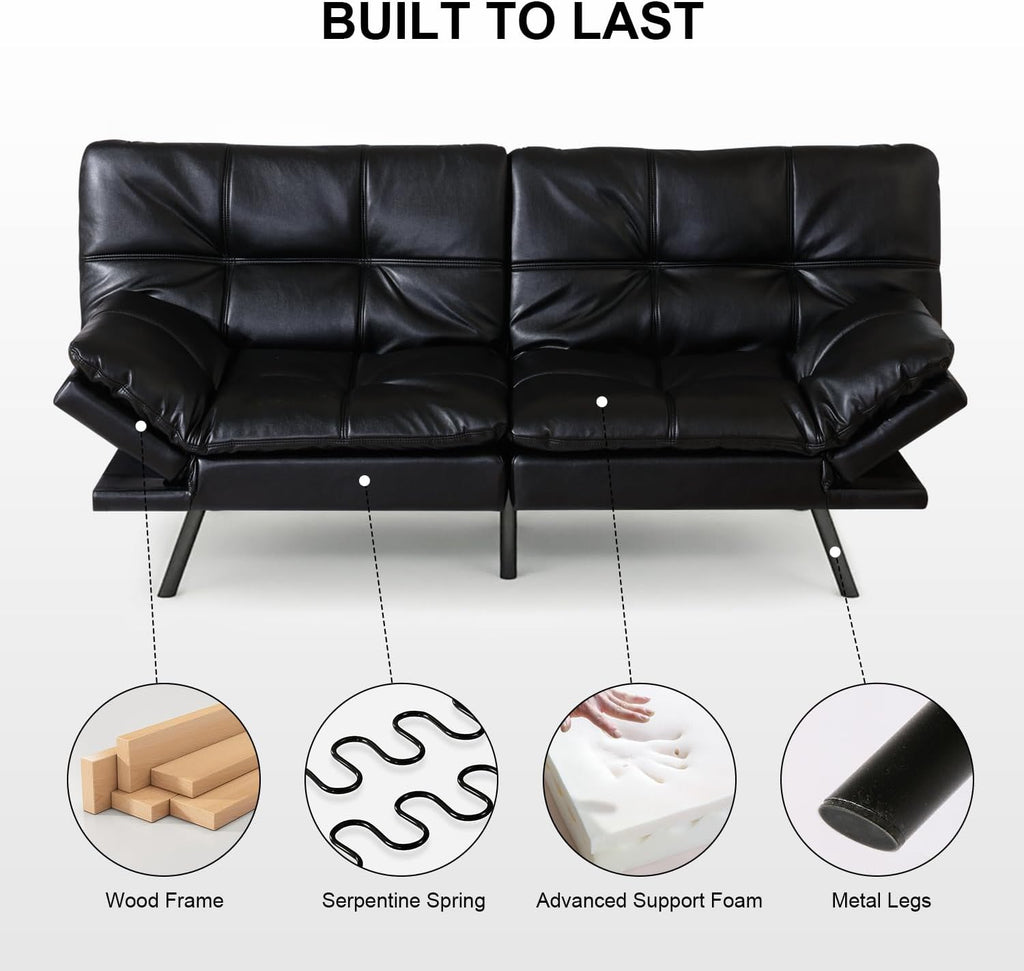 MUUEGM Futon Sofa Bed, 71' Folding Recliner Lounge with Adjustable Backrest & Armrests, Comfy Loveseat Sleeper Couch for Compact Spaces, Faux Leather, Black