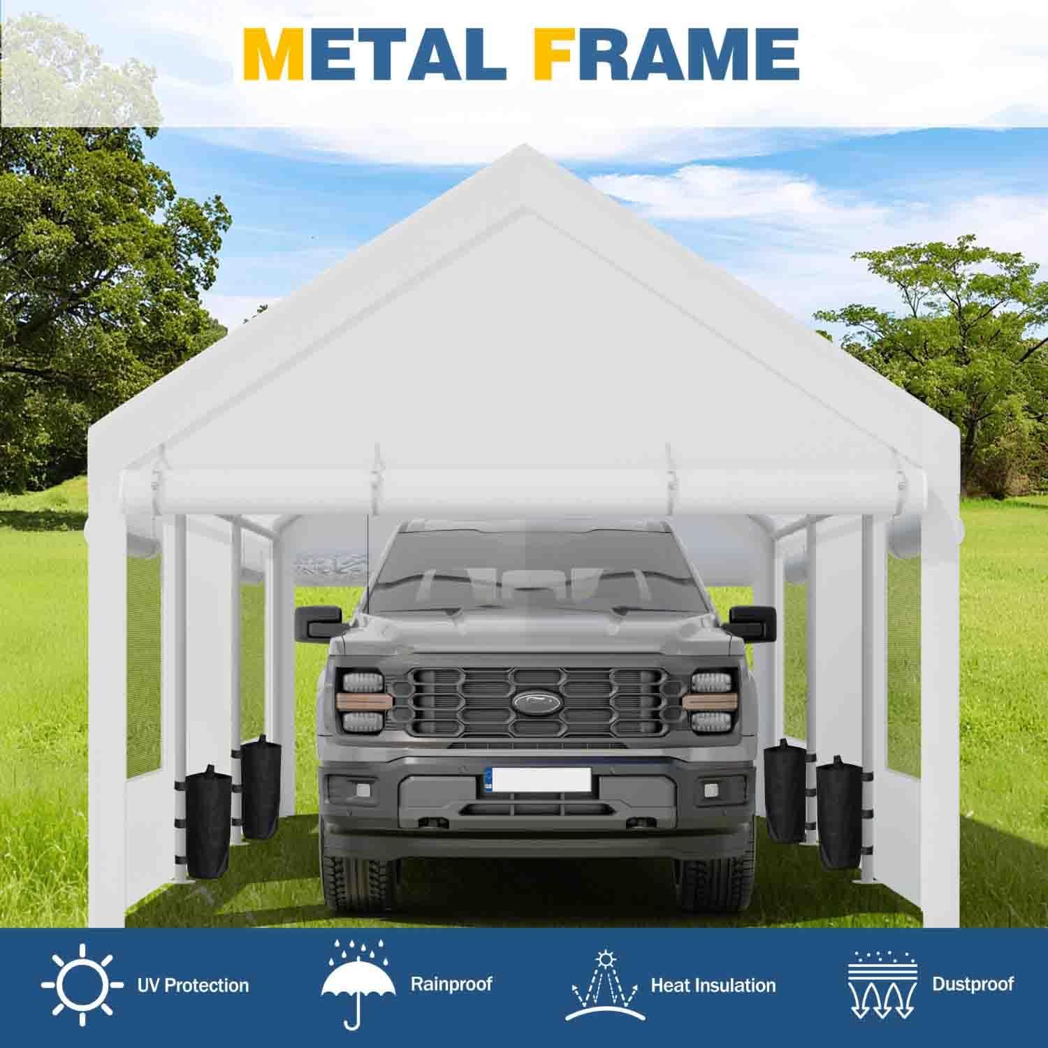JAMFLY 10x20 ft Carport, Heavy Duty Carport with Roll-up Windows, Portable Garage with Removable Sidewalls & Doors, Car Canopy with Sandbags and All-Season Tarp for Car, Truck, Boat, Motorcycle, White