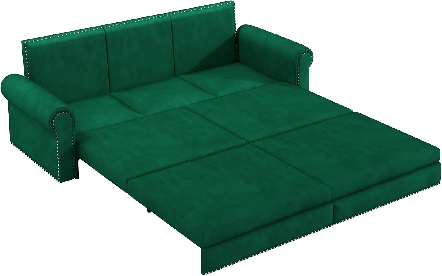 93.7' King Pull Out Sofa Bed, Velvet Sleeper Sofa Couch, 3 in 1 Convertible Futon Couches for Living Room, Small Space, Apartment, Office, Bedroom, Modern Rivet Armrest, Green