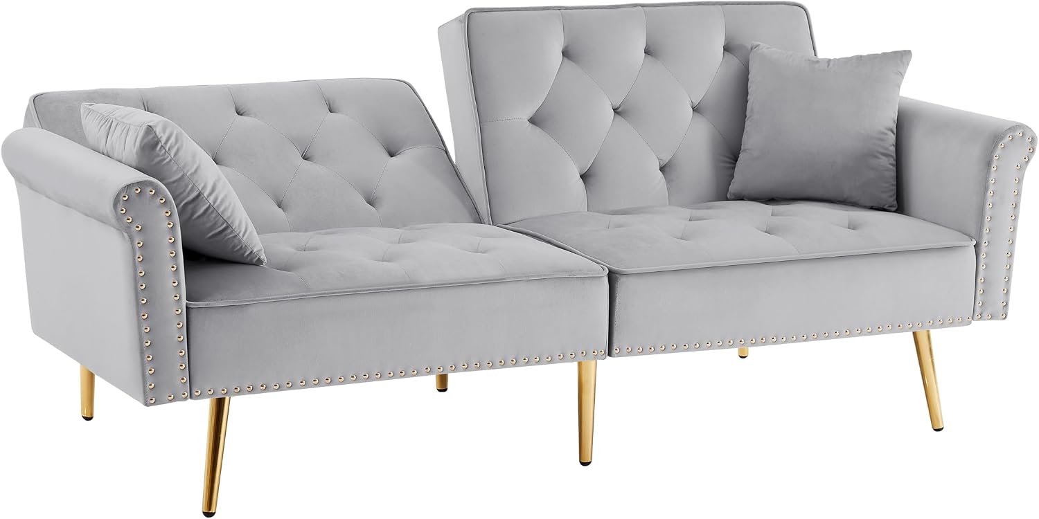 hansones 69.6' Velvet Tufted Sofa Couch, Copper Nail Decoration Accent Sofa with Metal Legs, 2 Pillows & Nailhead Trim, Convertible Futon Couch Sleeper Sofa Loveseat Futon Sofa Bed for Living Room