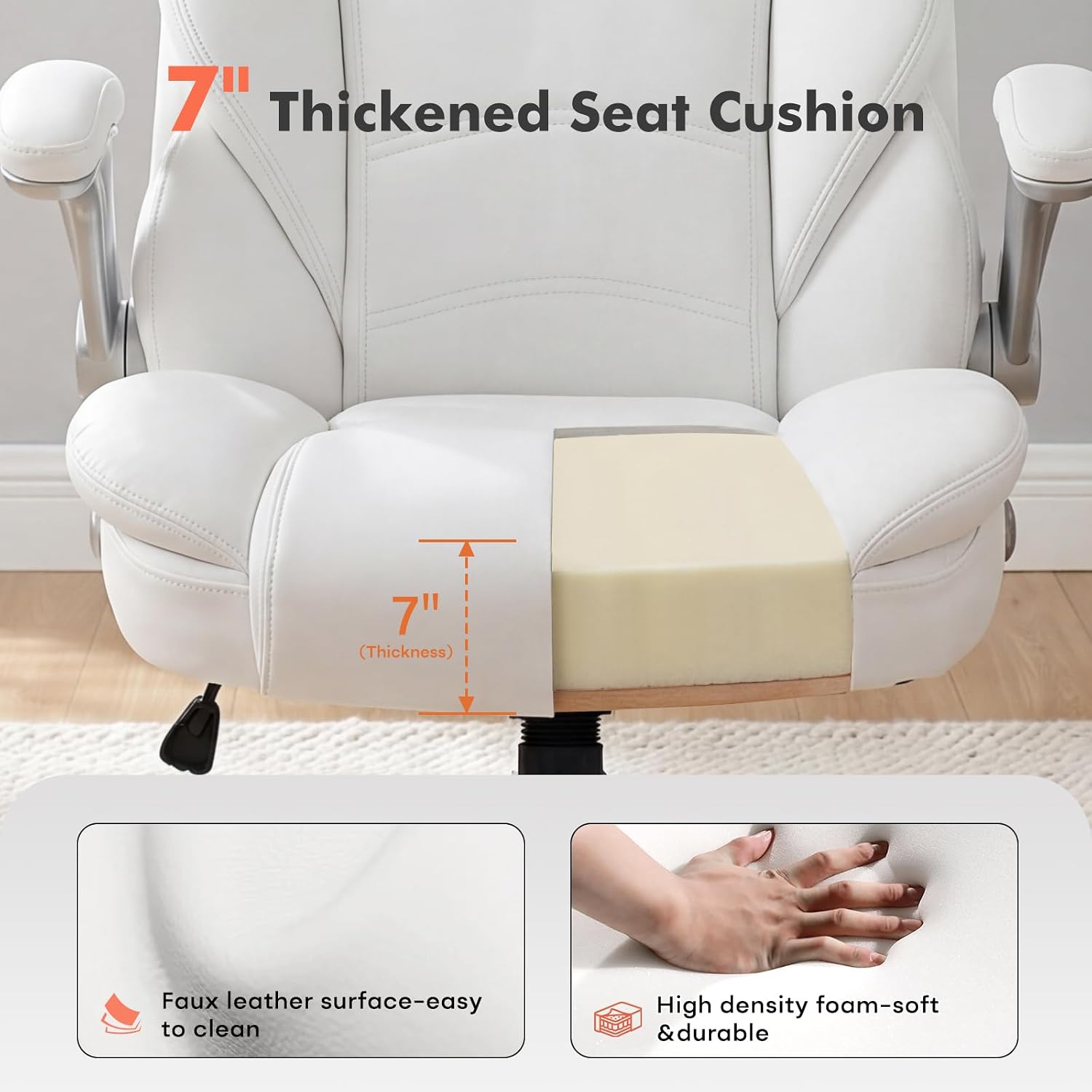 GYI Big and Tall Office Chair 400lb Wide Seat, Ergonomic High Back Leather Executive Desk Chair with Flip-up Arms, White