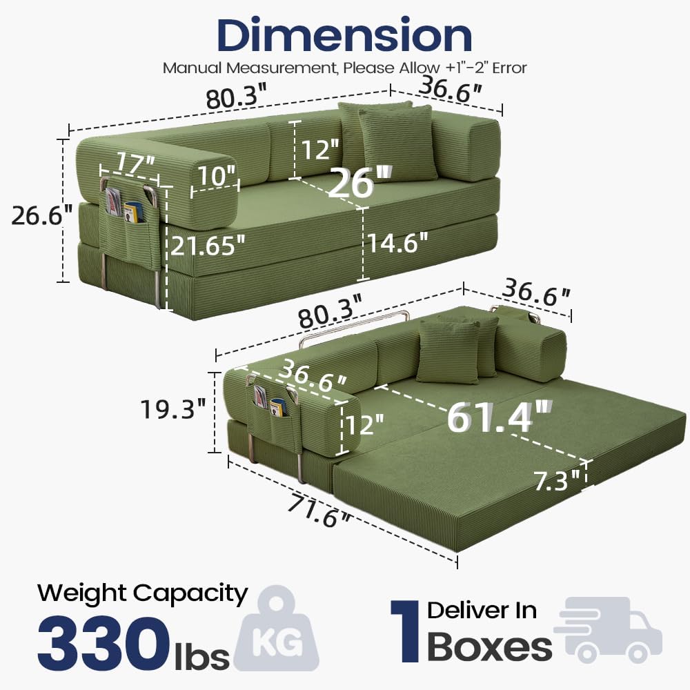 GEARIVY Folding Sofa Bed Convertable Corduroy Couch King Size Floor Sleeper 4-in-1 DIY Combination Modular Sofa Fold Out Futon Lounge Comfy Foldable Lazy cama for Living Room