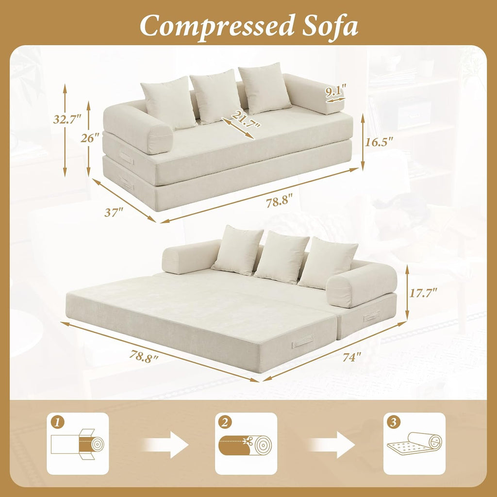 Futon Sofa Bed, Modular Convertible Folding 3 Seater Chenille Foam Floor Loveseat Sleeper Sofa Couch with 3 Pillows, No Assembly Compressed Boneless Couch, for Living Room Bedroom Guest Room, Beige