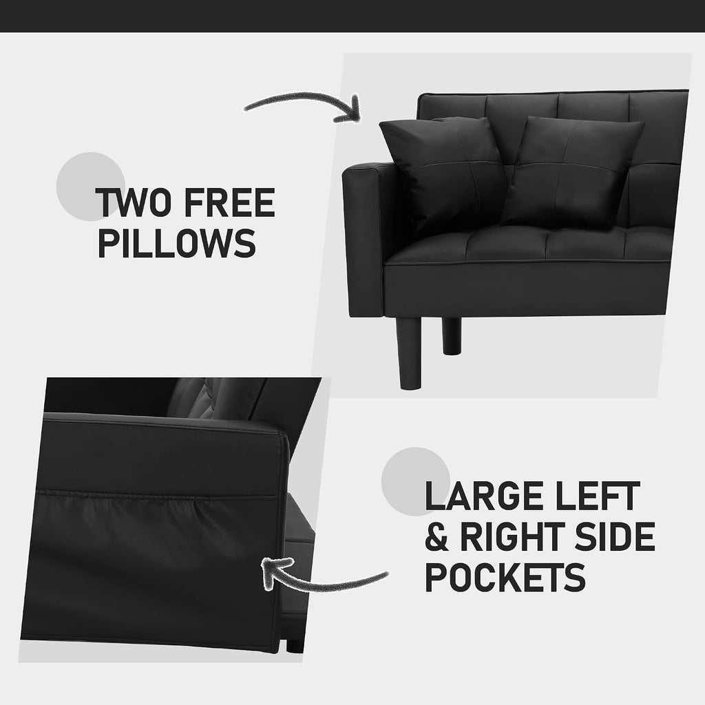 AVAWING Futon Sofa Bed, Modern Leather Convertible Upholstered Sleeper Couch with Adjustable Back, Arms and High Strength Nylon Legs for Living Room, Apartment, Office (Black)