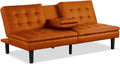 Furniture of America Fallein Modern Contemporary Wood 71.5-inch Futon Sofa Bed with Drop-Down Table, Cup Holders, USB-A Charger, Biscuit Tufting for Bedroom, Guest Room, Orange