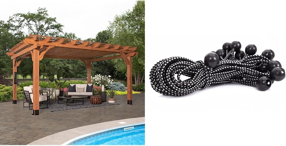 Backyard Discovery Beaumont 16 ft. x 12 ft. All Cedar Pergola Kit + Kotap 25 Pack 9 in. Black Ball Bungee Cord Tarp Tie-Down