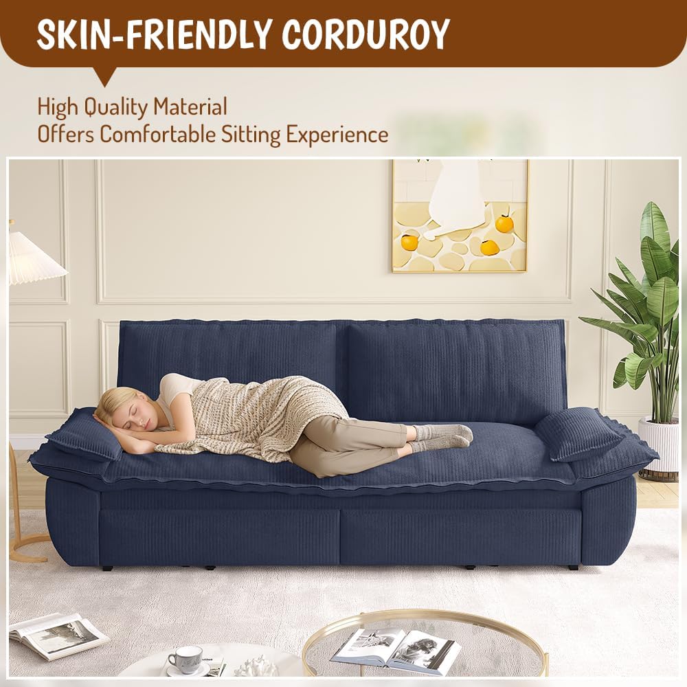 73.2' Sofa Bed Queen, 3-in-1 Pull Out Sofa Bed with Pillow Armrest, Modern Corduroy Convertible Sleeper Futon Sofa for Living Room Small Space, Apartment, Bedroom, Blue