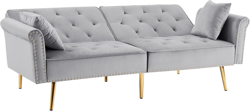 hansones 69.6' Velvet Tufted Sofa Couch, Copper Nail Decoration Accent Sofa with Metal Legs, 2 Pillows & Nailhead Trim, Convertible Futon Couch Sleeper Sofa Loveseat Futon Sofa Bed for Living Room