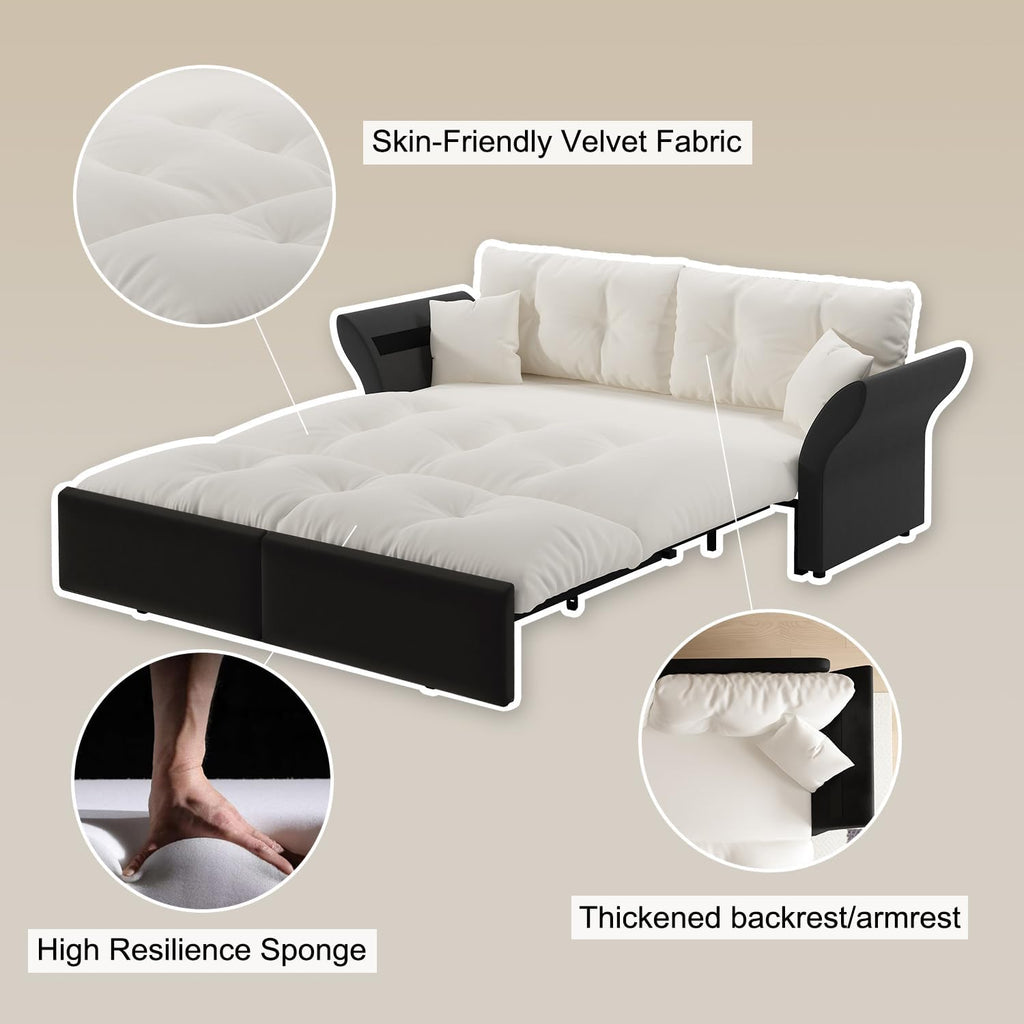 3-in-1 Multi-Functional Sleeper Sofa Bed Convertible Queen Size Pull Out Couch Bed, Tufted Velvet Cloud Loveseat with Pillow Armrest for Guest Room & Living Room
