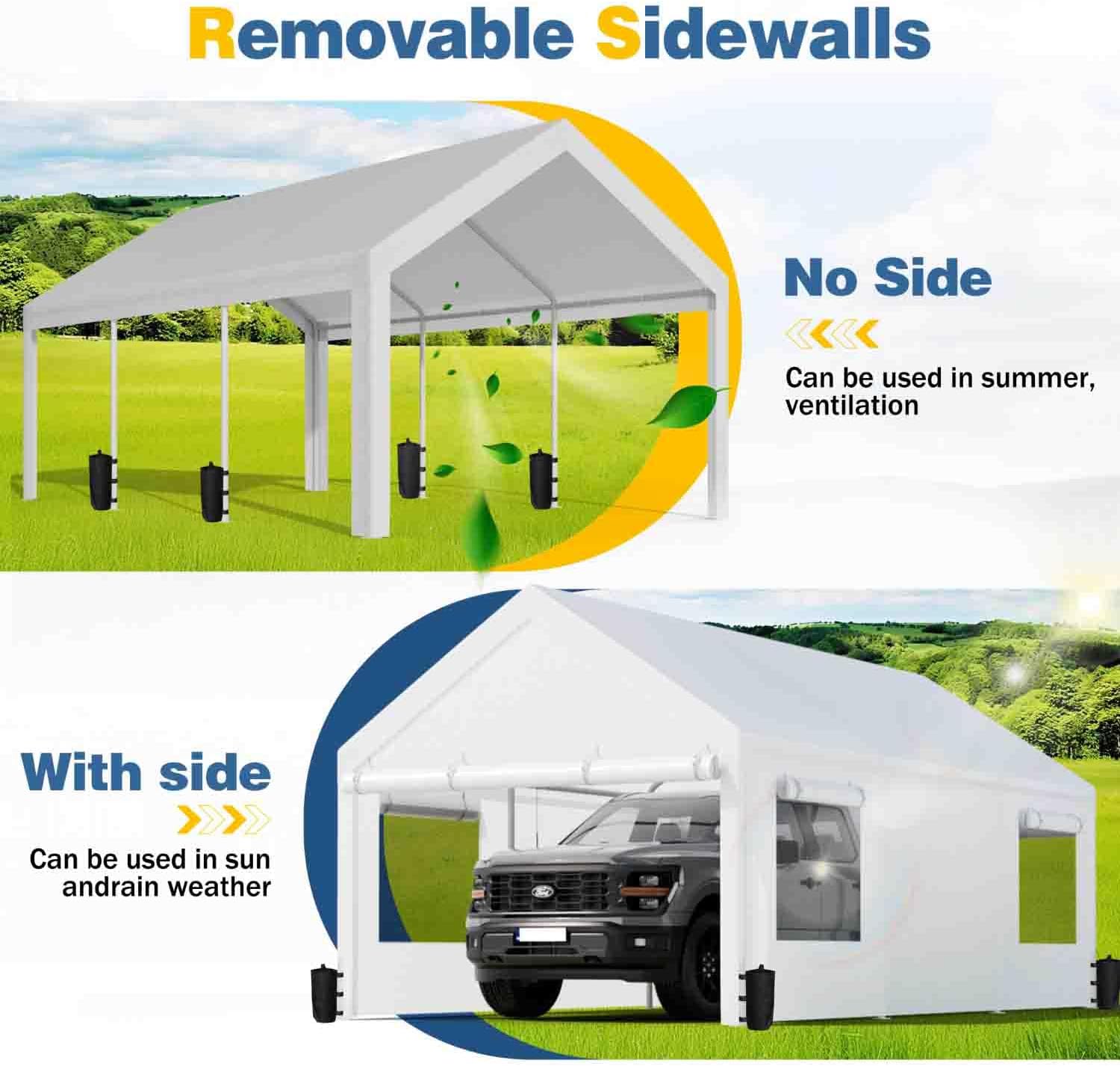 JAMFLY 10x20 ft Carport, Heavy Duty Carport with Roll-up Windows, Portable Garage with Removable Sidewalls & Doors, Car Canopy with Sandbags and All-Season Tarp for Car, Truck, Boat, Motorcycle, White