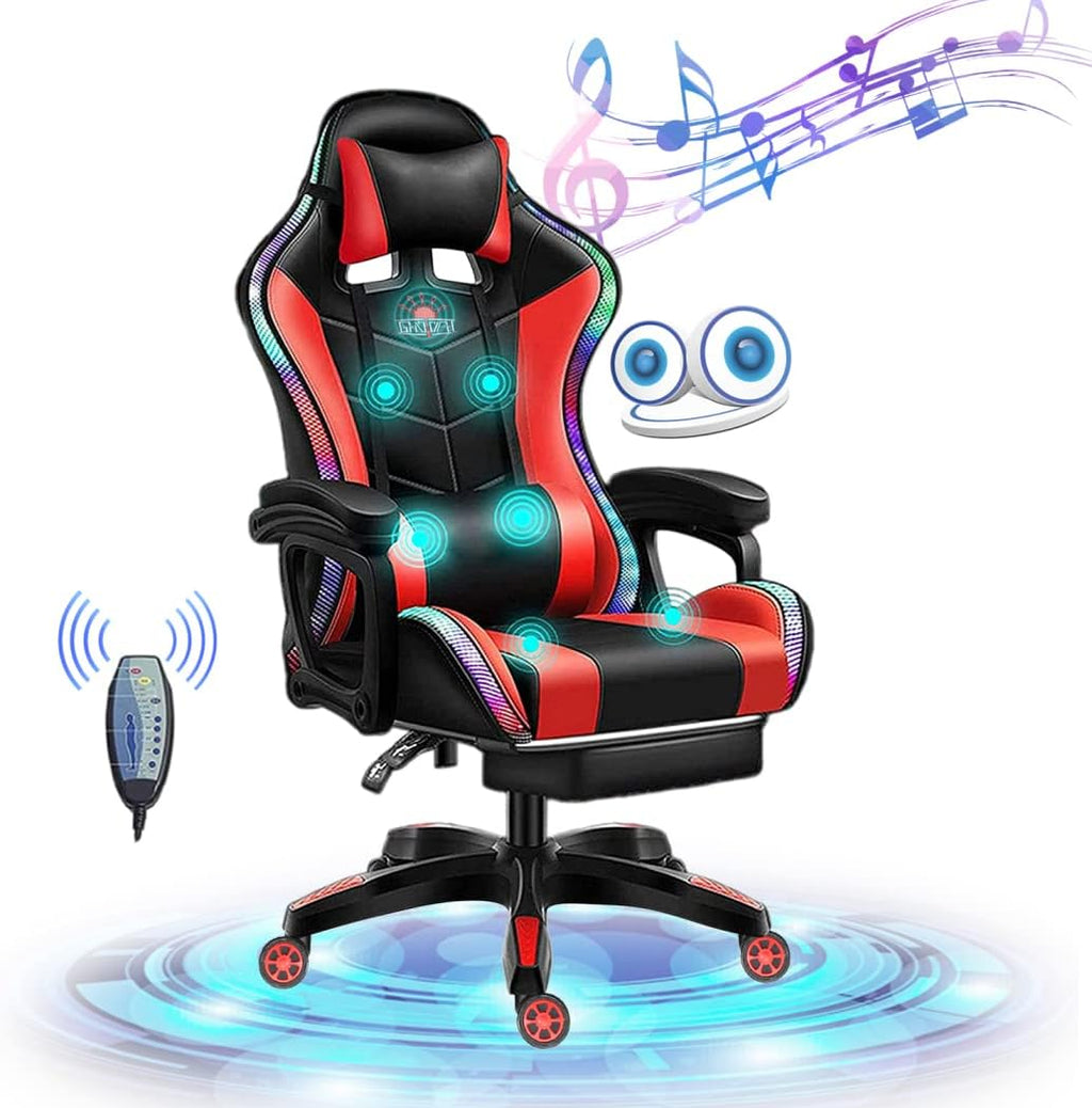 Gaming Chair with Bluetooth Speakers and RGB LED Lights, Video Game Chair, PU Leather High Back Computer Chair, Adjustable Reclining Racing Office Swivel Chair for Adult Teens,Red