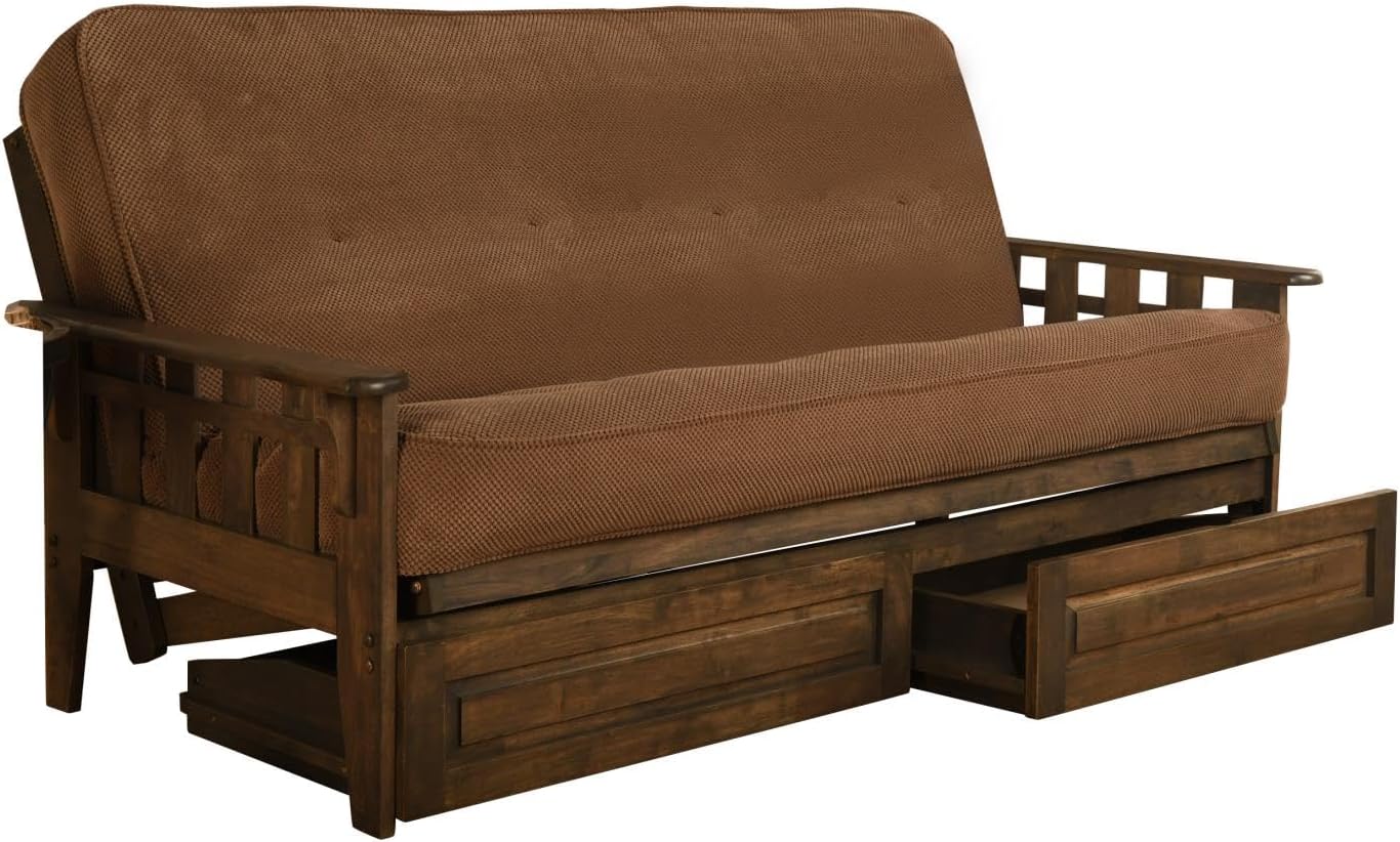 Tucson Rustic Walnut Frame and Mattress Set with Choice to add Drawers, 8 Inch Innerspring Futon Sofa Bed Full Size Wood (Marmont Mocha Matt, Frame and Drawers)