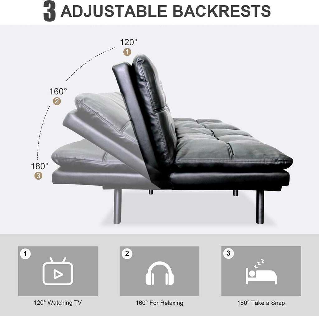 Vipbear Futon Sofa Bed Couch, 71' Convertible Sofa Bed, Space-Saving Loveseat with Adjustable Backrest & Armrest for Living Room,Apartment,Office,Black Sleeper Sofa