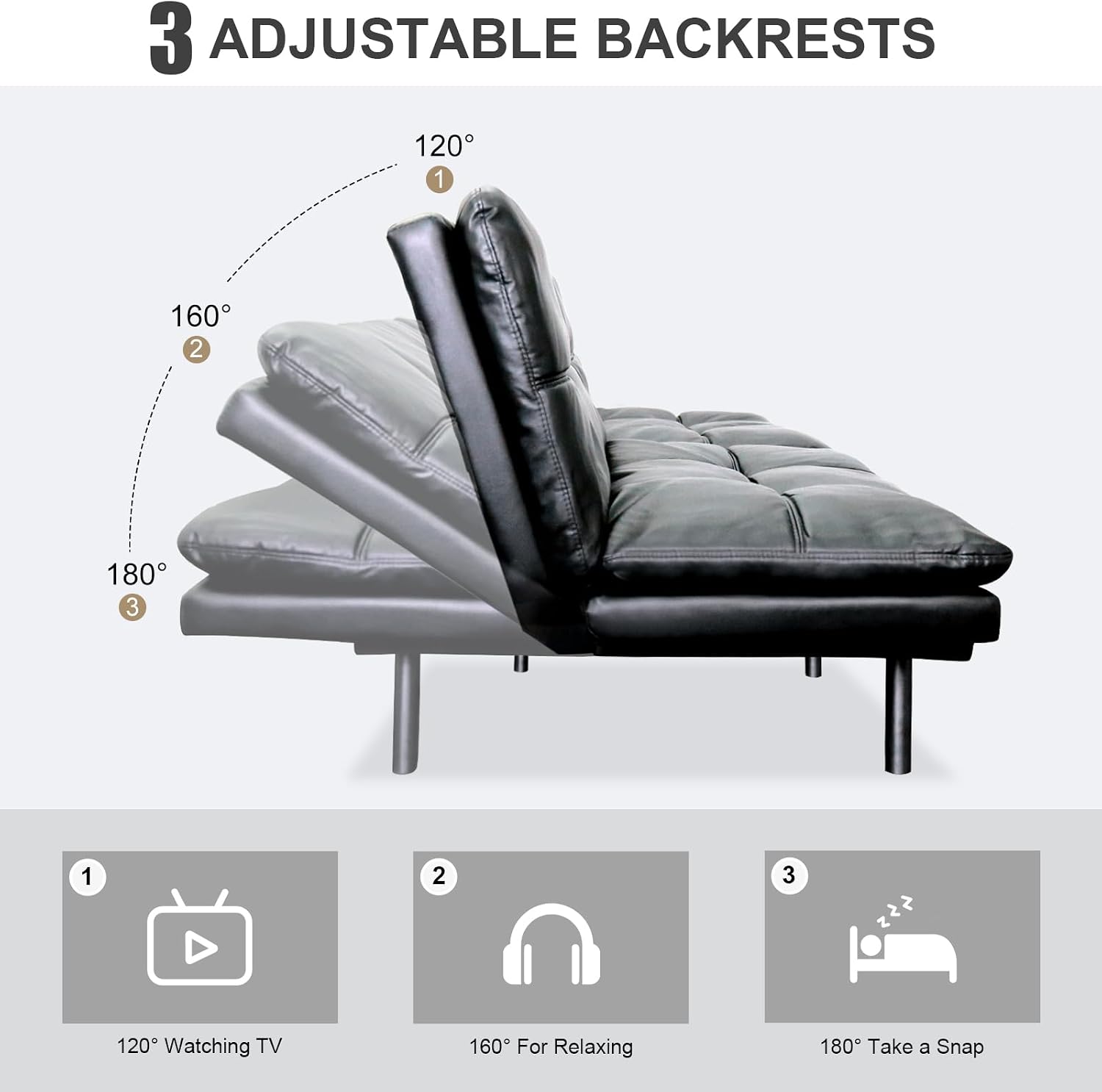 Vipbear Futon Sofa Bed Couch, 71' Convertible Sofa Bed, Space-Saving Loveseat with Adjustable Backrest & Armrest for Living Room,Apartment,Office,Black Sleeper Sofa