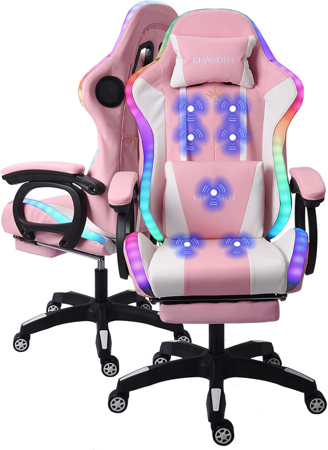 Ergonomic RGB Gaming Chair with Massage, Adjustable Footrest, and Built-in Speakers,Swivel Reclining PU Leather Design with Lumbar Support - Ultimate High-Back Racing Gaming Chair.,Pink