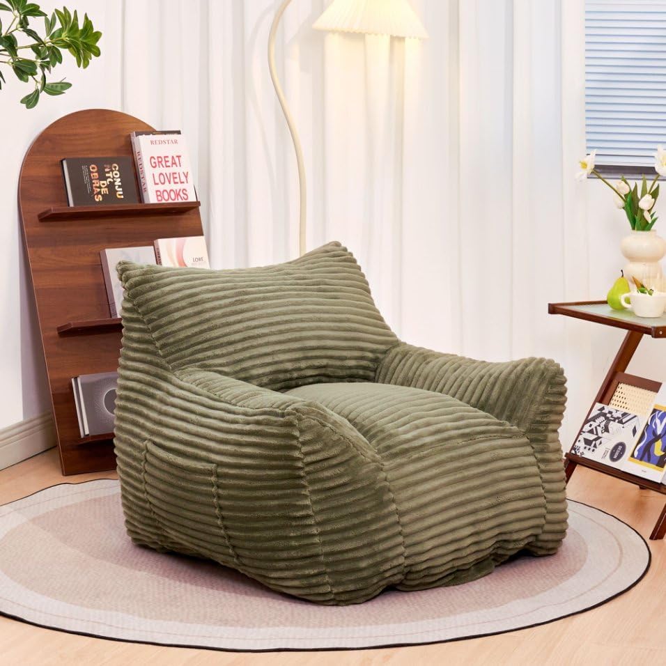 Bean Bag Chair for Adults with Armrests - Oversized Comfy Beige Beanbag Lounge Lazy Floor Sofa Chair for Living Room, Bedroom & Dorm, Cozy Fluffy Single Cloud Mini Couch