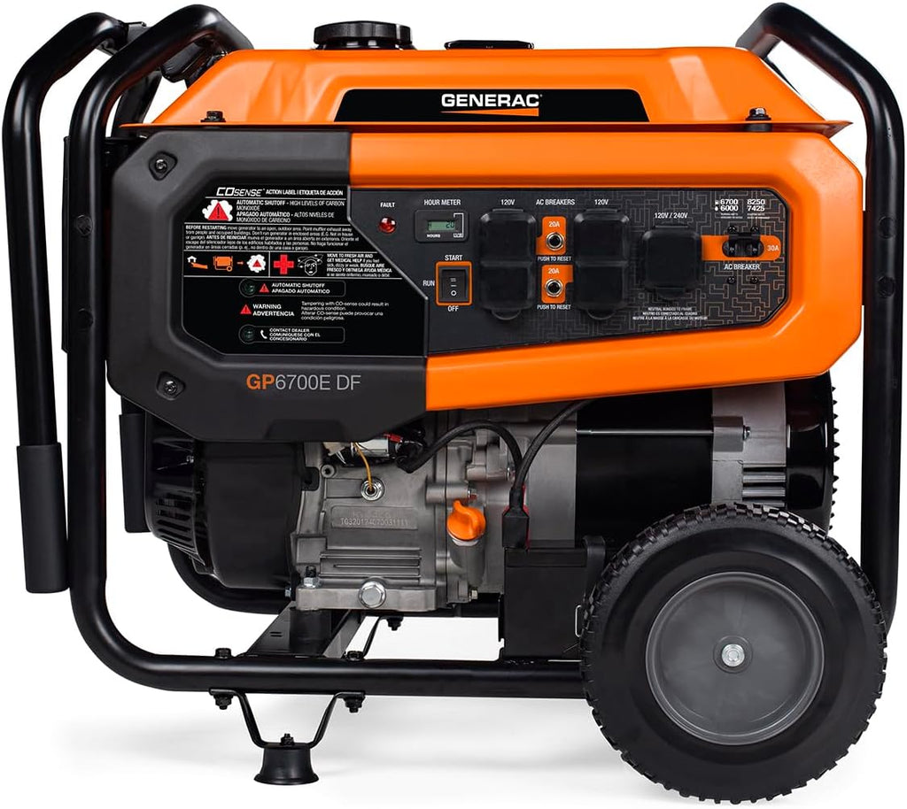 Generac Dual Fuel Portable Gas Generator, 8,250 Starting Watts, Electric Start, COsense Carbon Monoxide Detection, 11 Hour Runtime, Gas Propane, Heavy Duty Frame, Home Backup Emergency, CARB Compliant