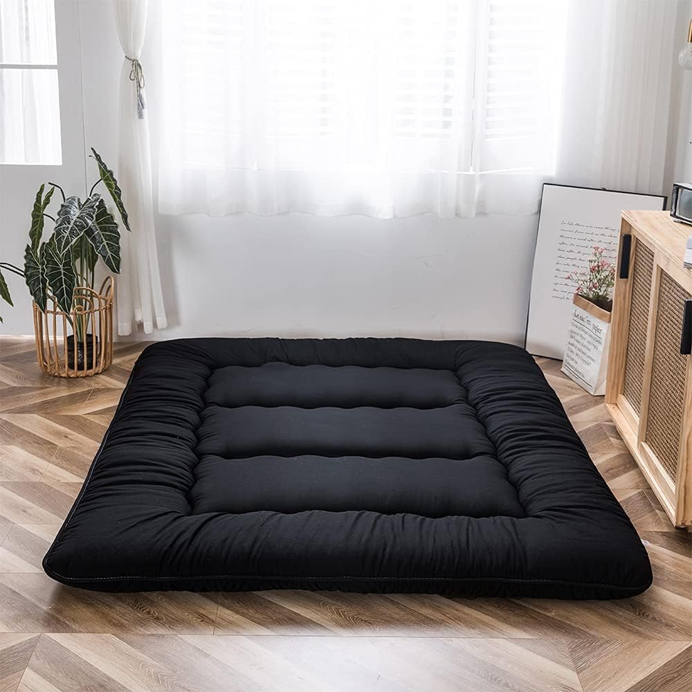 MAXYOYO Japanese Floor Mattress Futon Mattress, 4' Thicken Tatami Mat Sleeping Pad Foldable Roll Up Mat Boys Girls Dormitory Pad Kids Floor Lounger, Black, King