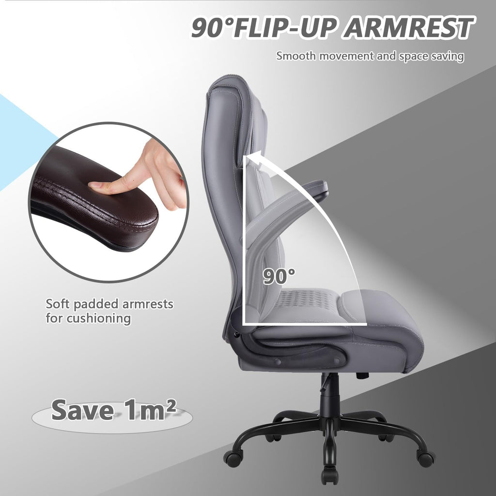 OFIKA Executive Office Chair Heavy Duty Office Chair Padded Flip Up Armrest, Computer Gaming Chair PU Leather Desk Chair, High Back Big and Tall Office Chair with Lumbar Support (Gray)