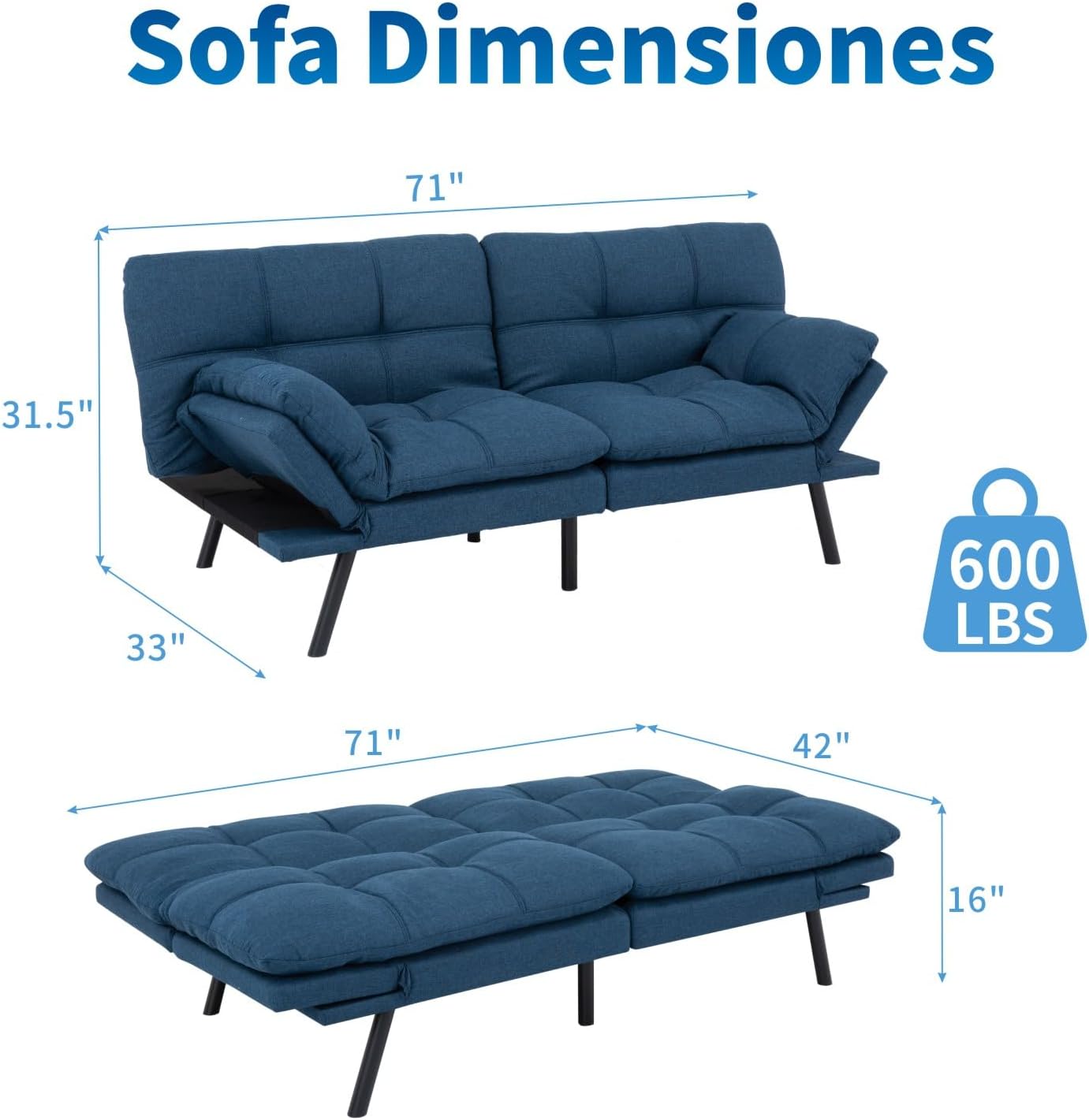 MUUEGM Futon Sofa Bed, 71' Convertible Linen Memory Foam Couch Bed, Modern Backrests Armrests Love Seat for Living Room,Apartment,Office,Blue Sleeper Couch
