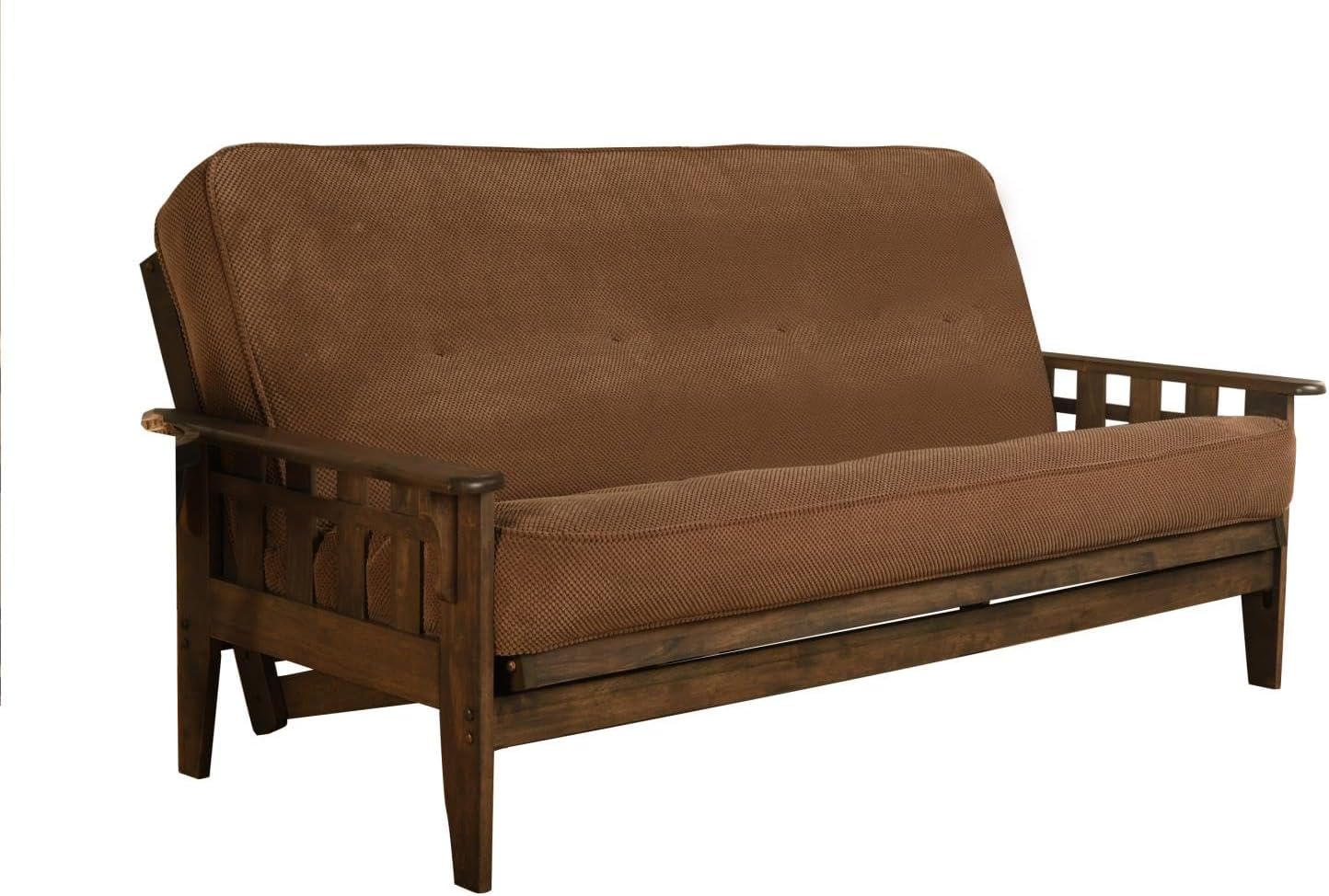 FutonX Rustic Walnut Frame and Mattress Set with Choice to add Drawers, 8 Inch Innerspring Futon Sofa Bed Full Size Wood (Marmont Mocha Matt and Frame (No Drawers))