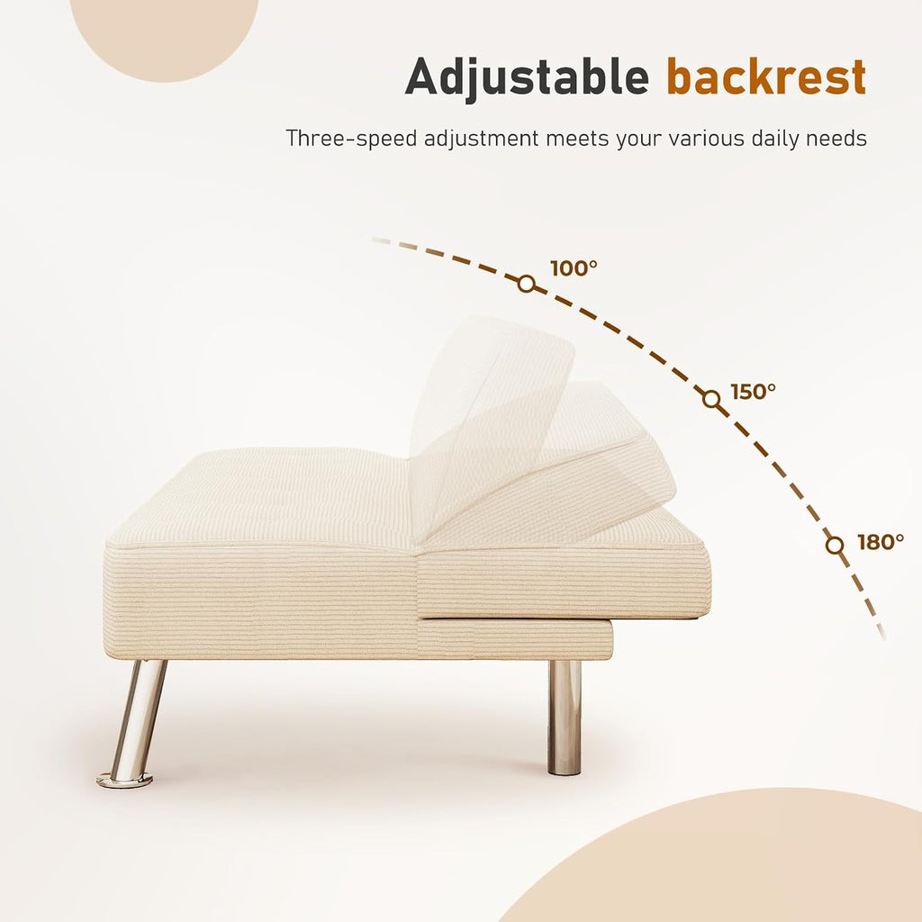 Furnimart Futon Sofa Bed, 66' Corduroy Convertible Futon Couch with 3-Position Adjustable Backrest, Solid Wood Frame Sleeper Sofa for Small Space, Living Room, Apartment, Office, Beige