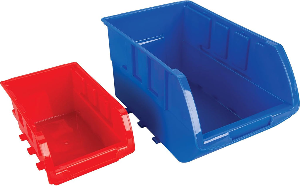 Performance Tool W5193 Half Bulk Bin Storage Rack with 32 Large and Small Bins for Easy Garage Organization of Tools, Parts, Hardware, and More, Red and Blue