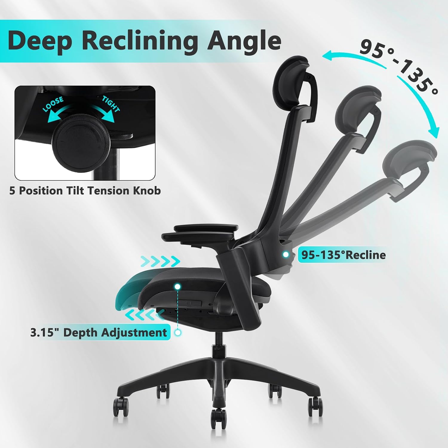 CLATINA Ergonomic High Swivel Executive Chair with Adjustable Height Head 3D Arm Rest Lumbar Support and Upholstered Back for Home Office Black