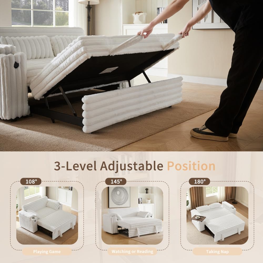 hansones 68' Corduroy Convertible Sofa Bed with USB, Storage Armrests & Pillows – 3-in-1 Foldable Sleeper Chair Floor Couch for Living Room, Bedroom, Guest Room (ZY-1109-White)