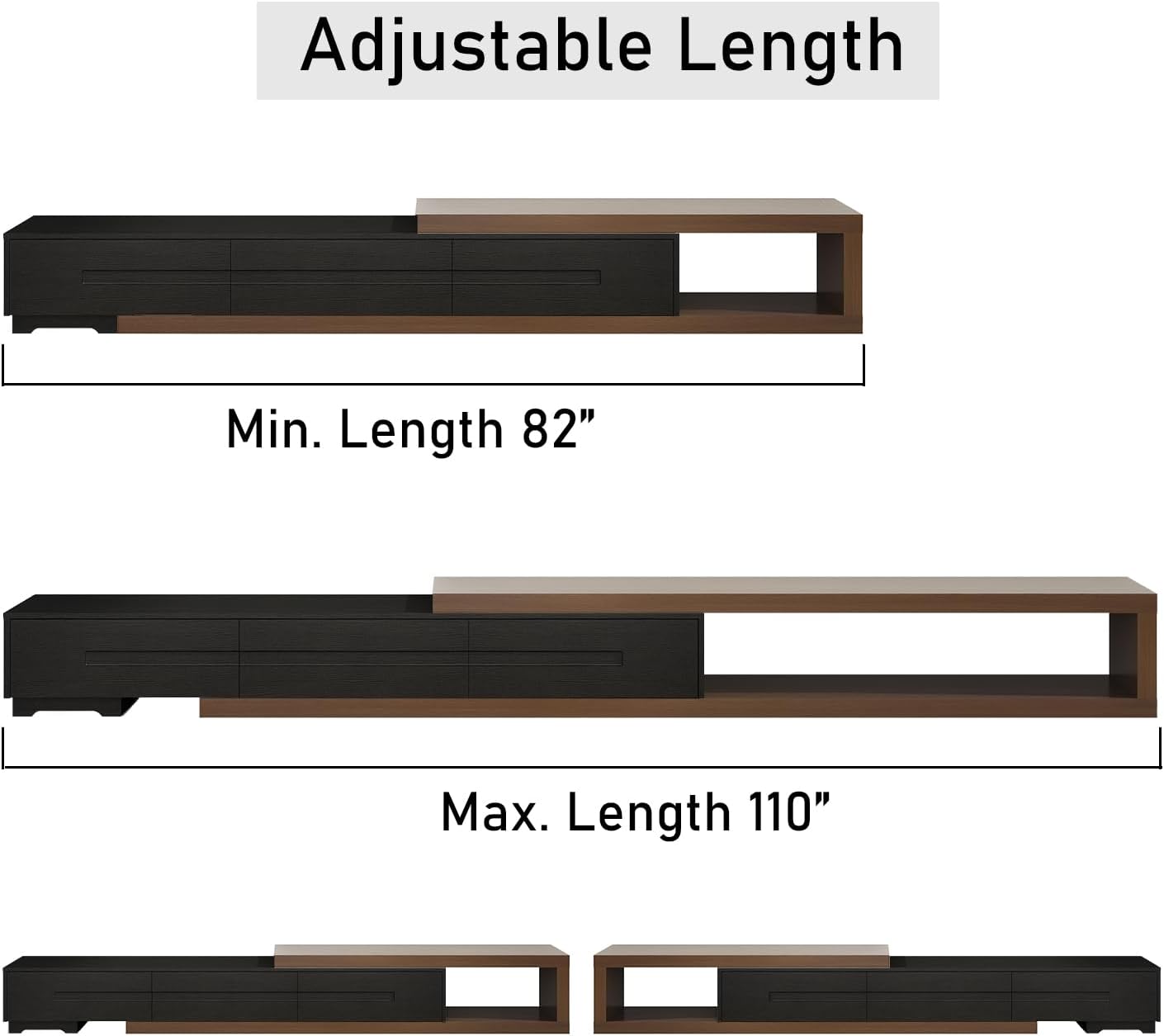 Hlivelood Extendable TV Stand, Modern Entertainment Center for Up to 120 Inch TV, Wood Reversible TV Media Console with 3 Drawers for Living Room Bedroom, 82-110'(Black& Walnut)