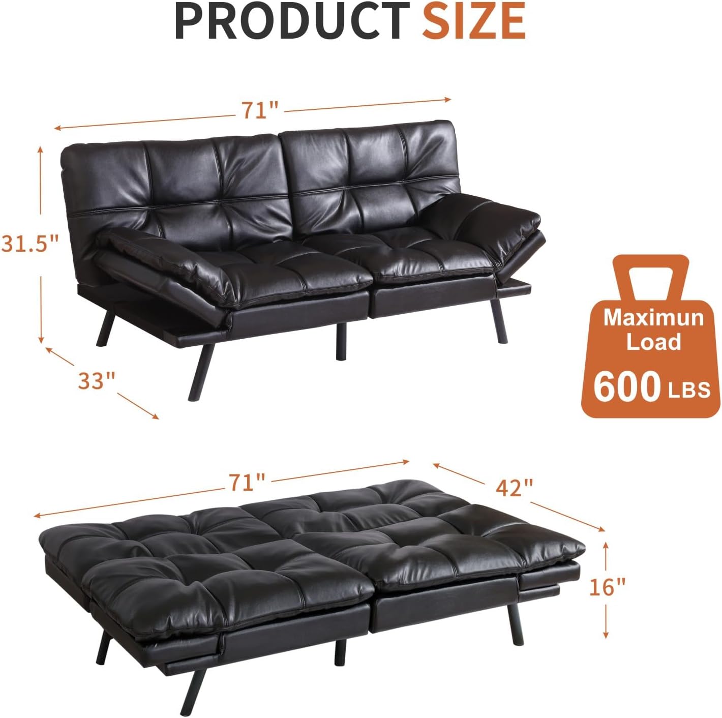 MUUEGM Futon Sofa Bed, Memory Foam Convertible Couch, Modern Loveseat, Adjustable Backrests & Armrests, Black