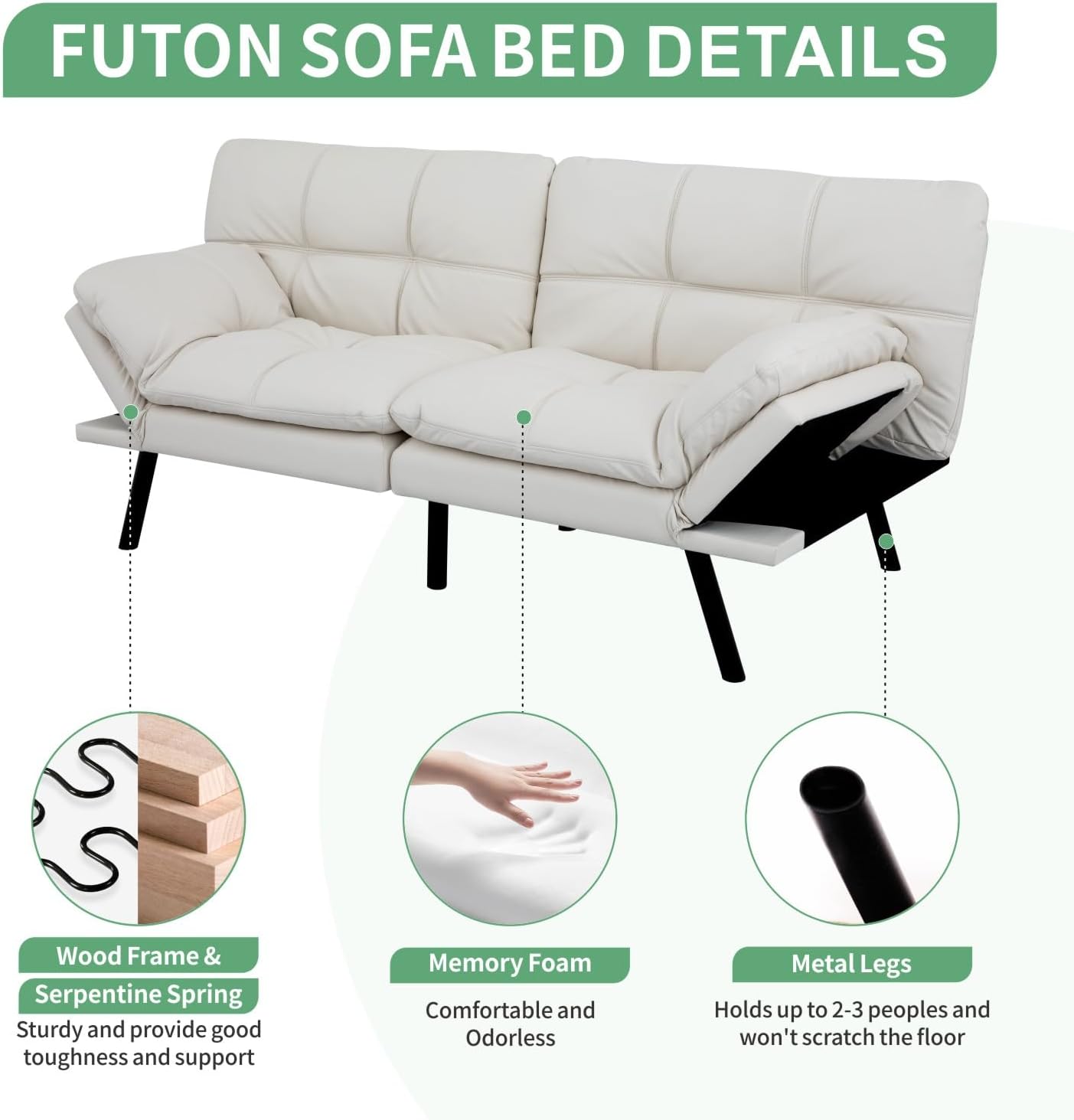 MUUEGM 71' Futon Sofa Bed, Convertible Couch Filled with Memory Foam, Modern Loveseat with Adjustable Backrest&Armrest, Sofas for Living Room,Game Room,Dormitory,Office.White Leather