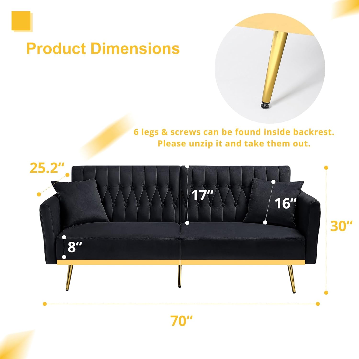 2 Pieces Velvet Sofa Set with Adjustable Armrest and Backrest, 70' Convertible Futon Sofa Bed & Mordern Accent Chair with Ottoman for Living Room, Bedroom, Black