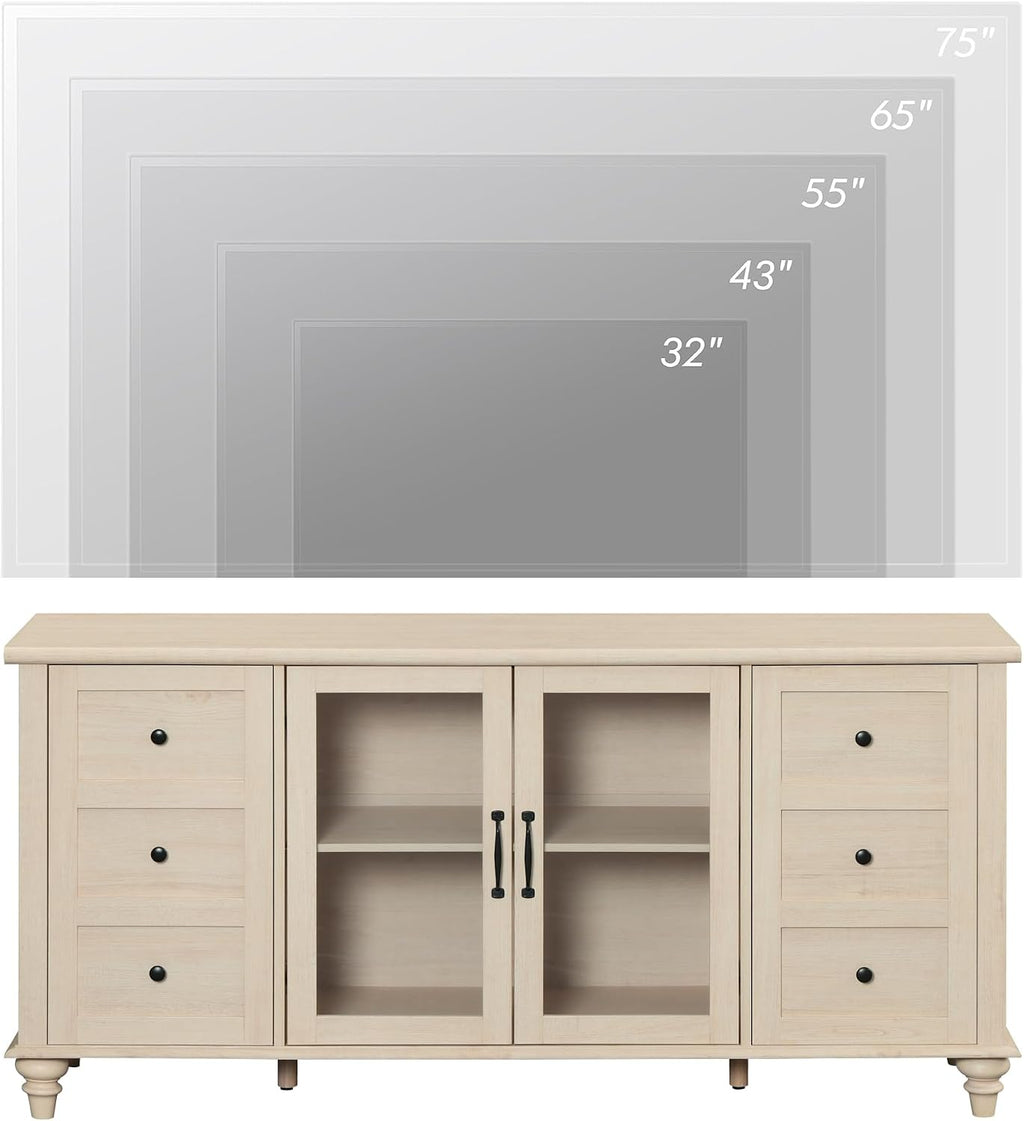 WAMPAT Glass Door TV Stand for TVs up to 75 inch, Wood TV Console Table with 4 Storage Cabinets, Farmhouse Television Stands for Living Room, 58 Inch, Beige