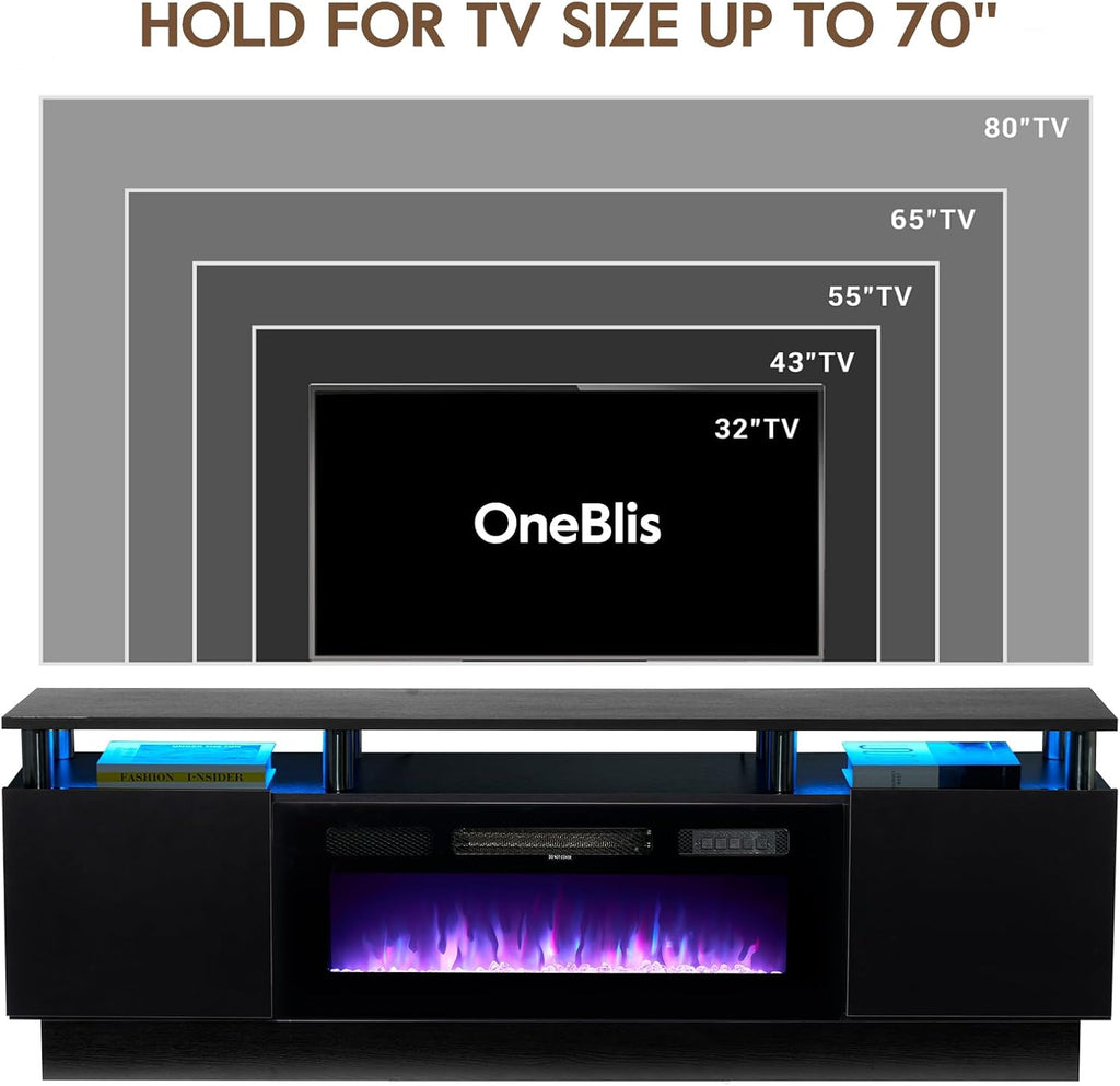 70' TV Stand for Living Room, Modern Entertainment Center & Media Console, Fits TVs up to 80', Storage Cabinet with Shelves, 36' Electric Fireplace with LED Flame (All Black)